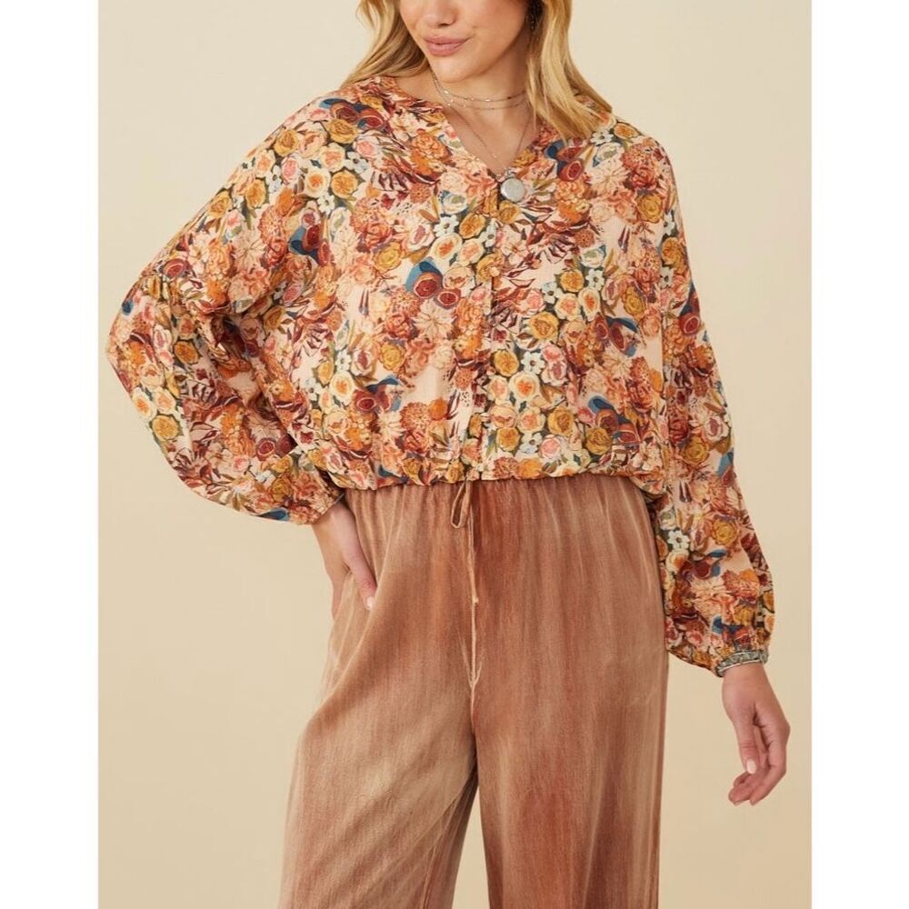 Hayden Los Angeles Women's Boho Floral Bubble Hem Top L Hippie Cottage